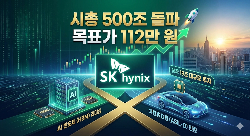 "SK하이닉스 주가 전망 및 목표가 112만 원 분석, AI 반도체와 차량용 D램(ASIL-D) 호재로 시총 500조 돌파 및 일봉 차트 우상향 그래프"