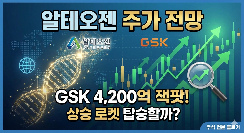 푸른색 배경에 우상향하는 주식 차트와 DNA 이중나선 그래픽이 있고, 알테오젠과 GSK 로고 사이에 '알테오젠 주가 전망', 'GSK 4,200억 잭팟! 상승 로켓 탑승할까?'라는 문구가 적힌 블로그 대표 썸네일